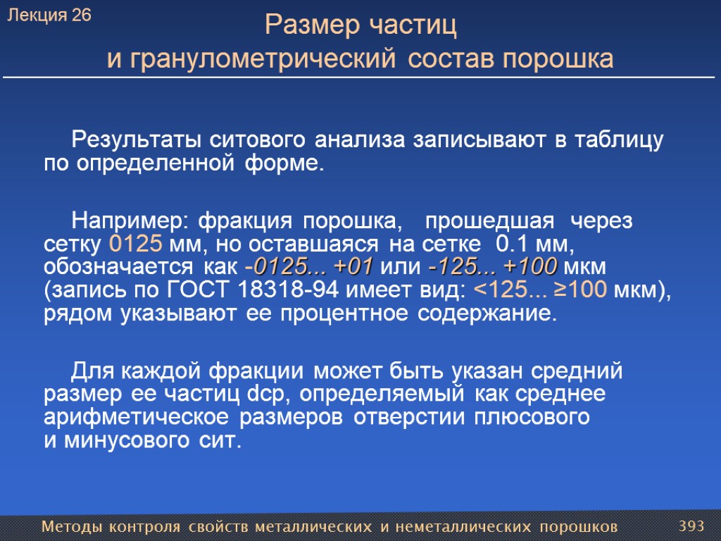 Методы контроля свойств металлических и неметаллических порошков 393 Размер частиц и гранулометрический состав порошка